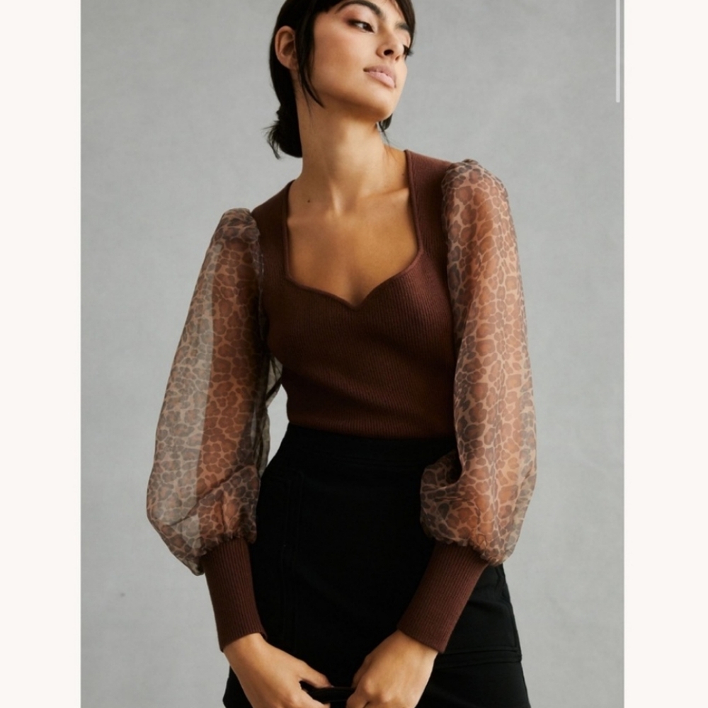 Anthropologie Dolan Puff Sleeve Leopard Animal Print Ribbed Sweater
